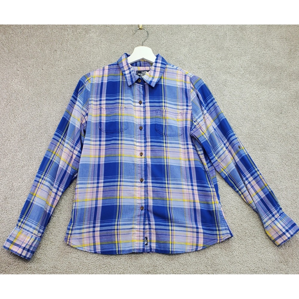 The North Face Shirt Women Medium Multi Blue Plaid 100% Cotton Pockets Button-Up